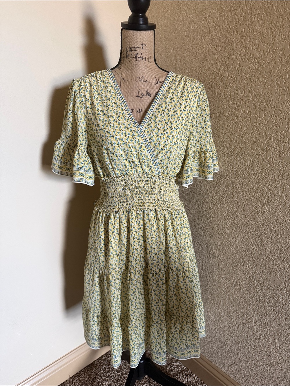 Max Studio Yellow Floral Wrap Mini Dress with Green Trim